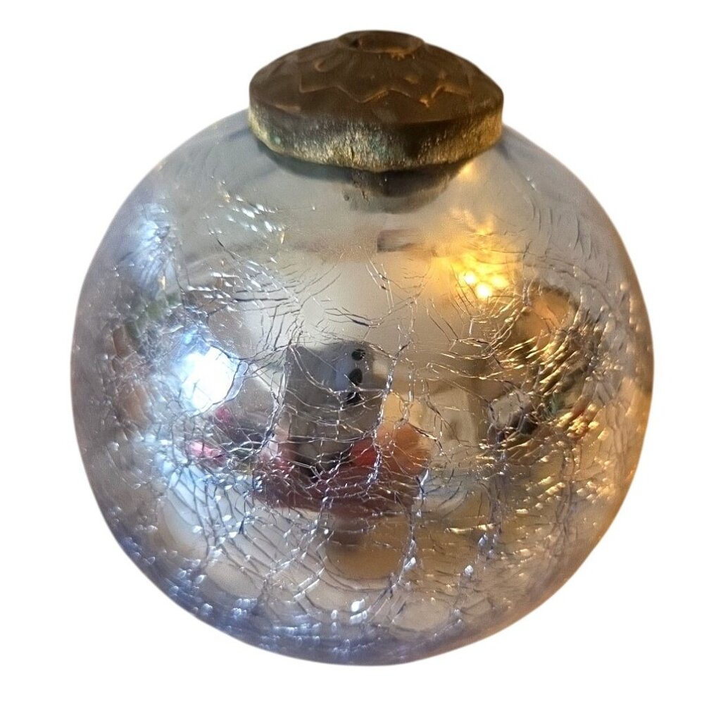 Icy Blue Crackle Glass Mirrored Mercury Glass Ball Orb Ornament 3.5" Heavy
